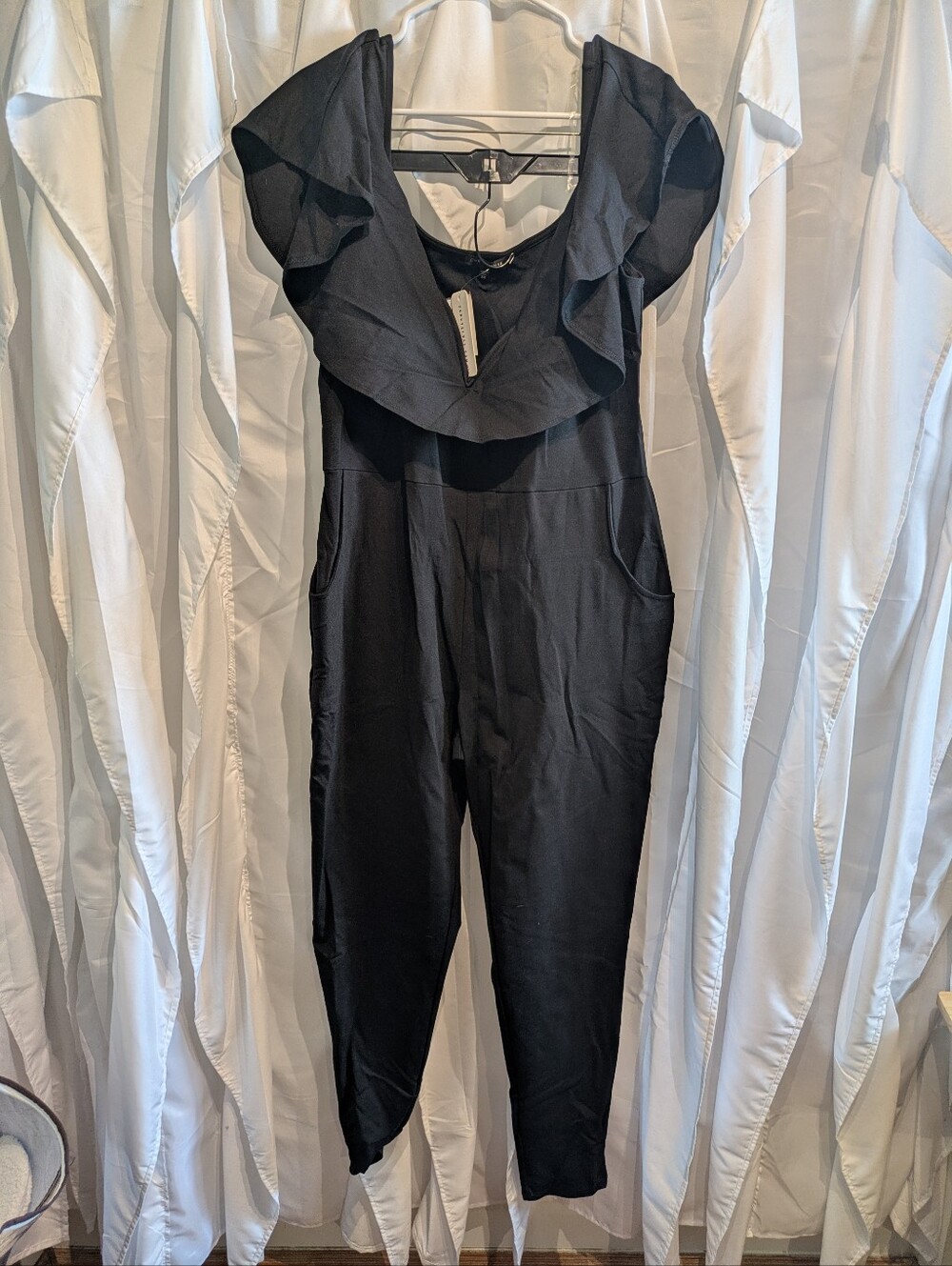 E2 Curvy Sense Black Off-The-Shoulder Ruffle Jumpsuit Plus Size 3X NWT